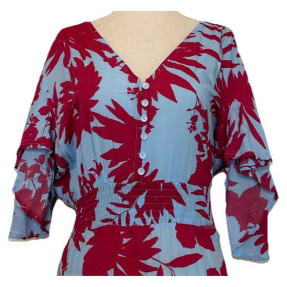 Abel The Label Anthro Cassidy Midi Dress S Floral Smocked Waist Pink Blue Hi Lo - Picture 3 of 9